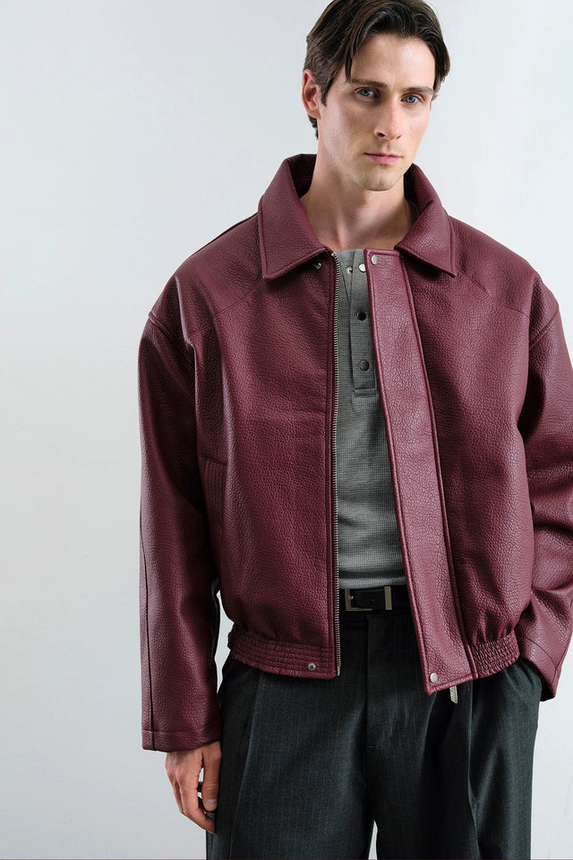 Textured Burgundy Leather Jacket