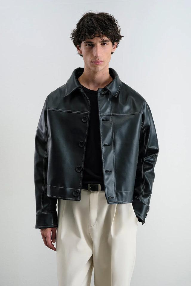 Black Leather Jacket with Contrast Stitching