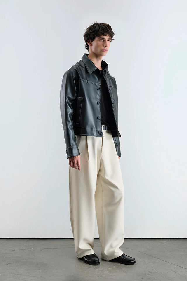 Black Leather Jacket with Contrast Stitching