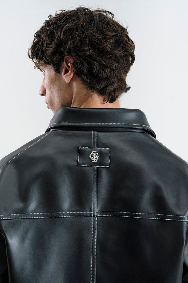 Black Leather Jacket with Contrast Stitching